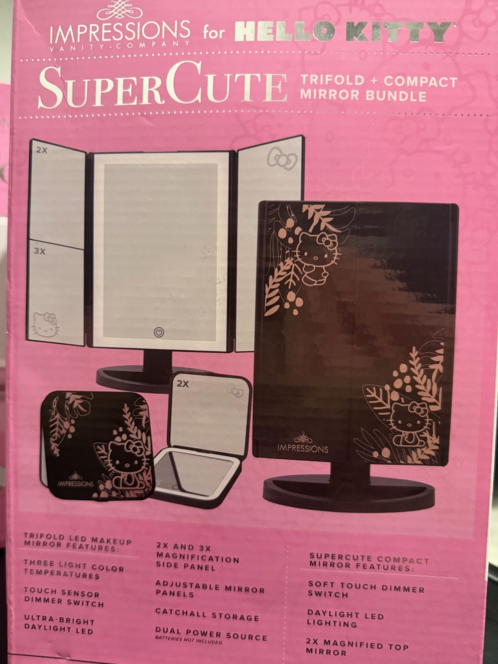 Hello Kitty SuperCute Trifold & Compact Mirror Bundle - Pink & Black